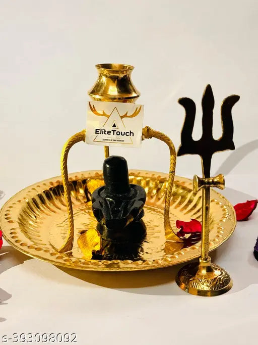 .ELITETOUCH. Marble Stone Shiva Lingam Set Stand and Abhishek Lota Kalash with Swastik Symbol on Brass Plate for Lord Temple Pooja (Black) Puja Articles | Shivling idol | Brass Shivling stand for jalabhishek | Shiva idols | Brass Puja Plate Thali | Shivra