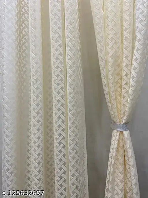 SET OF 2 PIECE OF CREAM COLOR HEAVY CROSS NET CURTAINS FOR DOOR AND WINDOW.