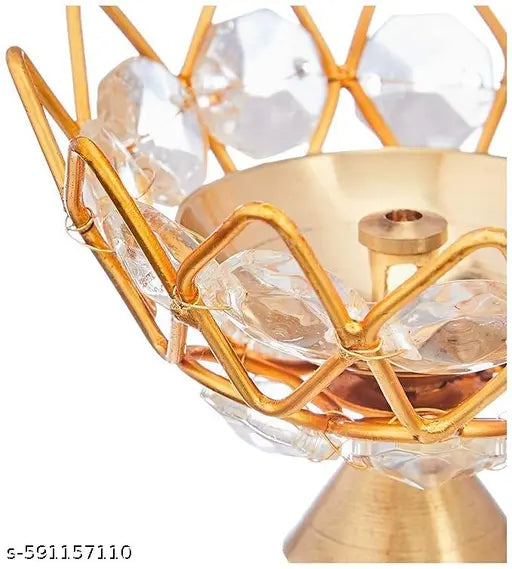 set of 1 Brass Crystal Diamonddiya for Diwali Decoration | Akhand Diya Oil Lamp | Crystal Pooja Deepak for Home Mandir & Festive Decor