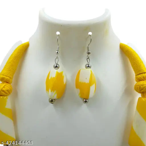Handcrafted Chemical Beads Necklace and Earring Set, Yellow and White Marble Pattern, Traditional Design.