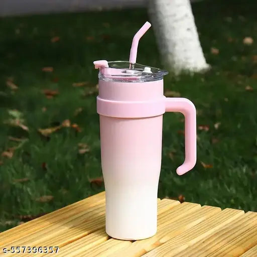 1200 ML Tumbler with Handle and Straw Lid, Pink White Insulated Travel Mug Iced Coffee Cup, 304 Reusable Stainless Steel Insulated Water Bottle, Keep Cold and Hot Water for Hours