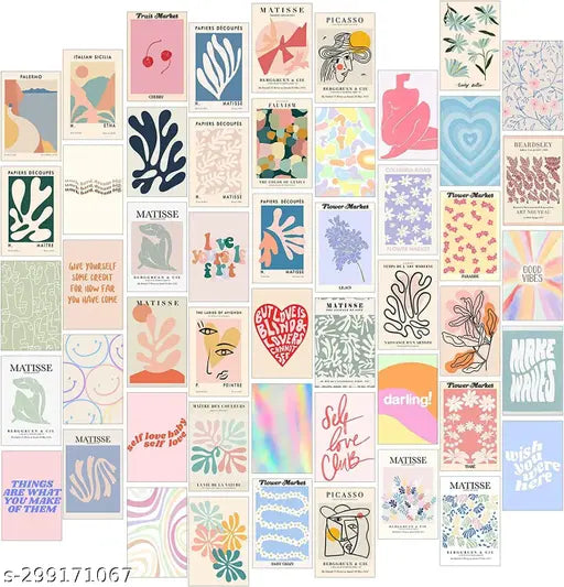 KARTMEN - Peel-N-Stick Photo Wall Collage Kit || 50 PCS Danish Pastel Room Decor Aesthetic, Matisse Wall Art for Teen Girl Room Décor| Small Posters for Room Decoration- Beige