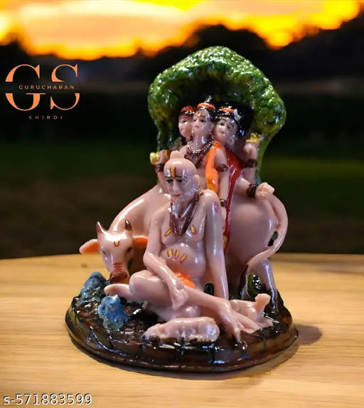 Premium Quality Divine Marble Dattatreya with Shri Swami Samartha Maharaj Idol – Cow & Nature Base Design