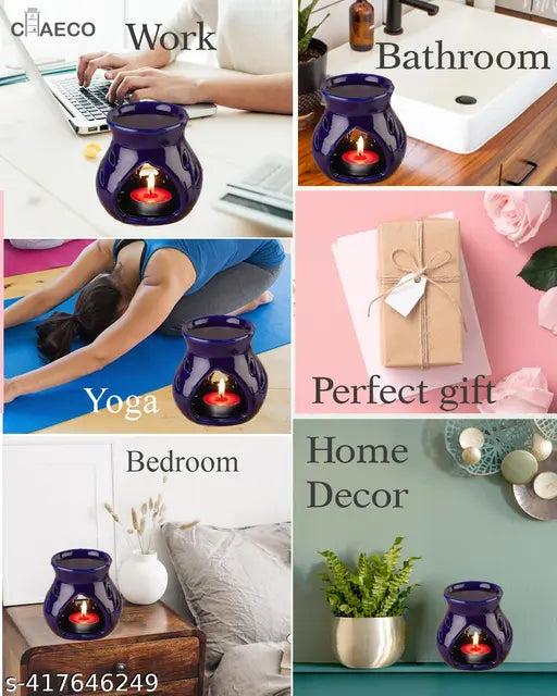 CHEECO Oil Burner Candle Diffuser for Home Fragrance, with 1 T-Light & 2 10 ml Aroma Oil-Fragrance Lemon Grass & Lavender (Blue Diffuser Pot)