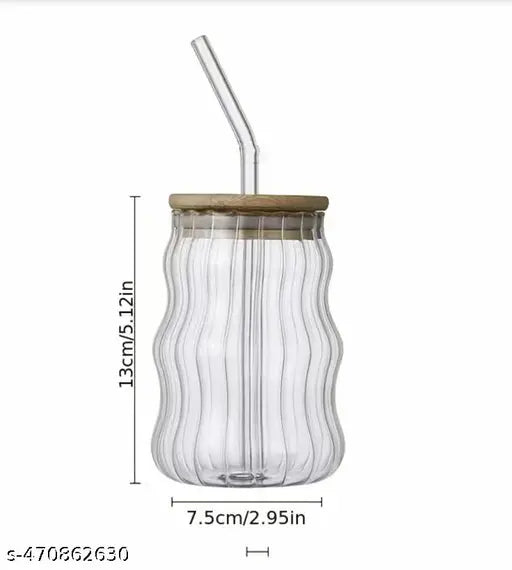 Trending Wave shape coffee glass Tumbler with wooden lid and straw for coffee( pack of 1 )500 ml | ice tea | cocktail | juic e|  cold coffee | smoothies and any other breverages
