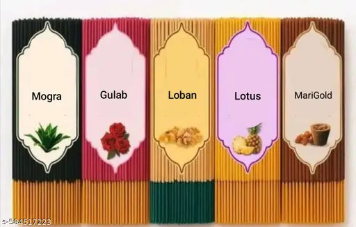 (PREETI & YASHI ENTERPRISES) Trendy Marigold 80Gm, Loban 80Gm, Lootus 80Gm, Gulab 80Gm, Mogra 80Gm Agarbatti/pure Incense Sticks/For POOJA /MANDIR pure fragrance Total 400GM