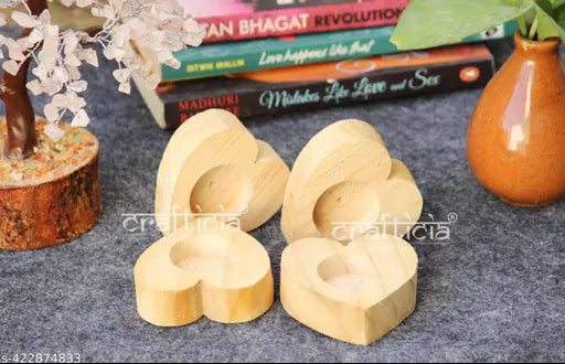 Paheli Craft Wooden Heart Tealight Candle Holder Bowl Votive Tea Light Stand Natural Polish Lighting Lamp (3 inch, Set of 4)