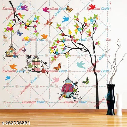 Delight Art Tree With Birds and Hanging Cages Design Wall Sticker Size - ( 109*120 ) cm