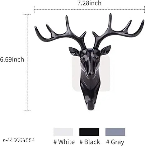 Plastic Deer Head Hanging Hook, Self Adhesive Wall Door Hook Hanger Bag Keys Sticky Holder (Black)