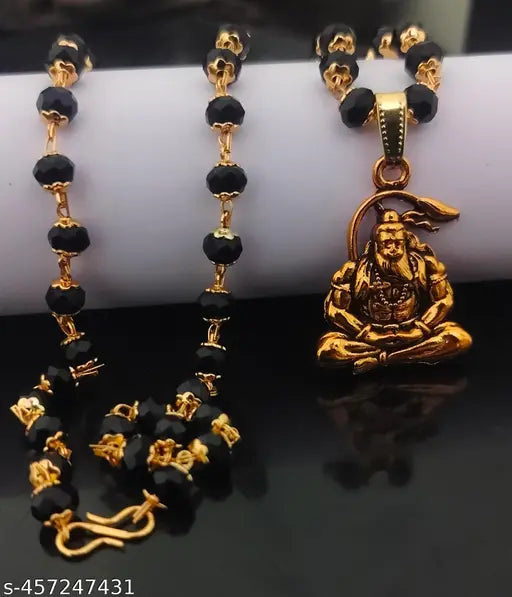 trending stylish new religious gold plated lord Hanuman bajarangBali Bala ji locket with black glass mala chain pandent Necklace for boys/men and girls/women