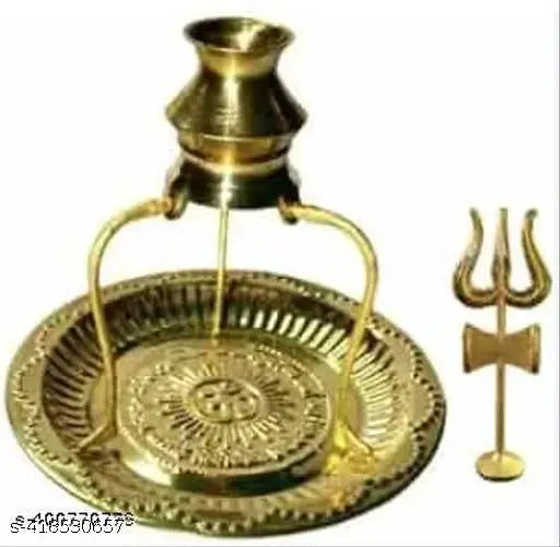 Pooja Thali Plate Set Oma Brass Plate With Damru Trishul & Brass Stand Tripai Loti Plate Thali and Lota Kalash For Shivling Abhishek