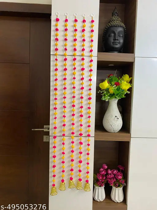 Magpie Collections Handmade Orange White Strings Pom Pom for Door,Wall Hanging Bandhanwar Toran, Garland for Decoration Diwali Festival,Navratri,Wedding (4 FT, 5 Strings)