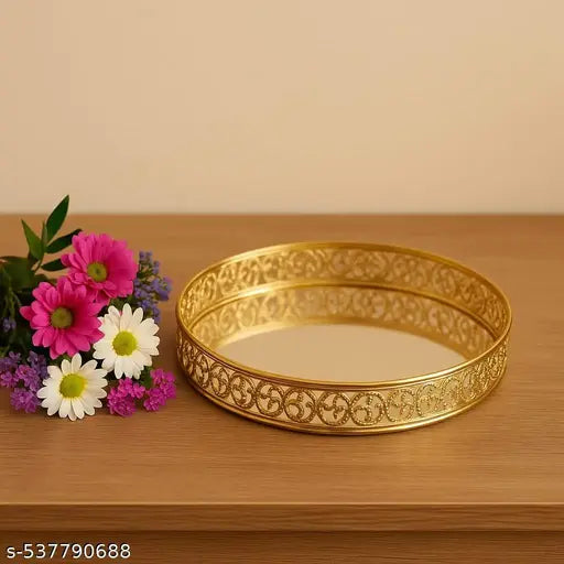 Decorative Round Mirror Tray for Home Décor | Golden Metal Vanity Tray with Floral Design | Centerpiece for Table, Makeup, Perfume, Candle & Festive Decor | Elegant Gift Item
