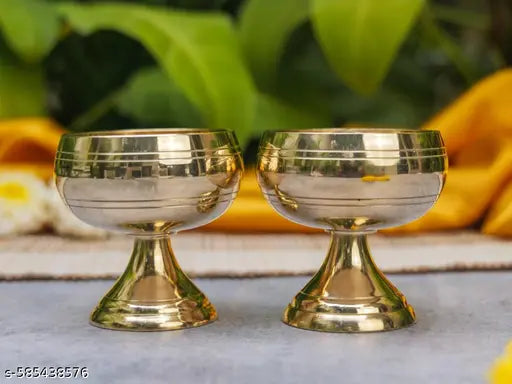 Set of 2 piece|Kuber Goblet Brass Table Diya Jyoti Oil Lamp Round Apple Design Shape Diya for Pooja Deep|for Home decor & Temple|size-2