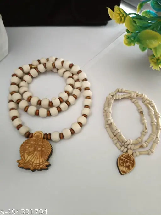 Dev Vidhya 100% Orginal Tulsi Wooden Radha Krishna locket Mala with Brown Beads For Spiritual Journey (Pack Of 2 )
