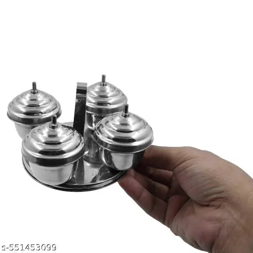 Putrika Brass Traditional Handcrafted Stainless Steel Kumkum Holder For Pooja | Puja Worship | Puja | Roli | Chawal | Chandan | Haldi | Kumkum Puja  | Sindoor | Turmeric | Dabbi- Ss 4 In 1 Dabbi