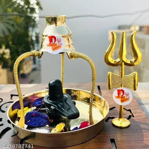 SANSKAARI  Shivling With tasta trishul & And Lord Shiva Brass tipai lota set For Pooja Black Stone Shiv Lingam Marble Shiv Puja Samagri