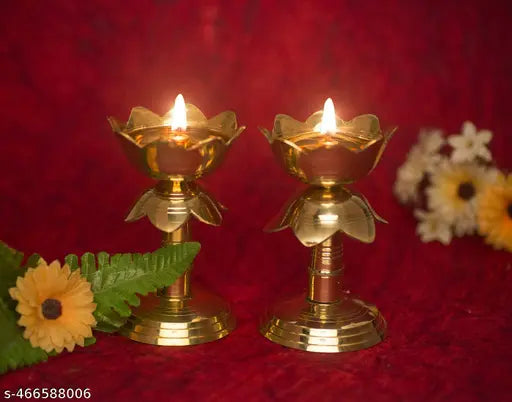 Home Trends India Brass Kamal / Lotus Diya set Puja Diya, Kuthu Vilakku, (Height 4 .5 Inches Pack of 2 Pcs) Akhand Diya