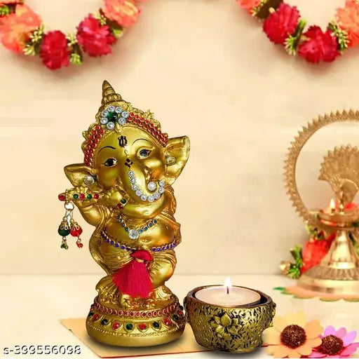 Once & Again Golden Finish Ganesha Idol showpiece for Prayer, Puja,Living,Home,Office,Ganesha Playing Bansuri with Tealight Holder, Ganesh Chaturthi,Best Decorative Gifts,Murti, Unique Decoration Antique, Classic, Modern, Traditional Ganesha Showpiece, Gi