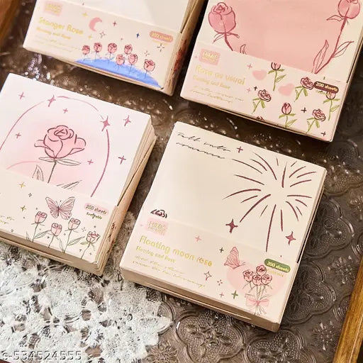 Romantic Sticky Notes Set, Multicolour, Over 200 Rectangular Self - Stick Memo Pads with Delicate Heart, Rose & Butterfly Designs for Journaling, Office, Creative Projects (Pack 1)(Multi Color)