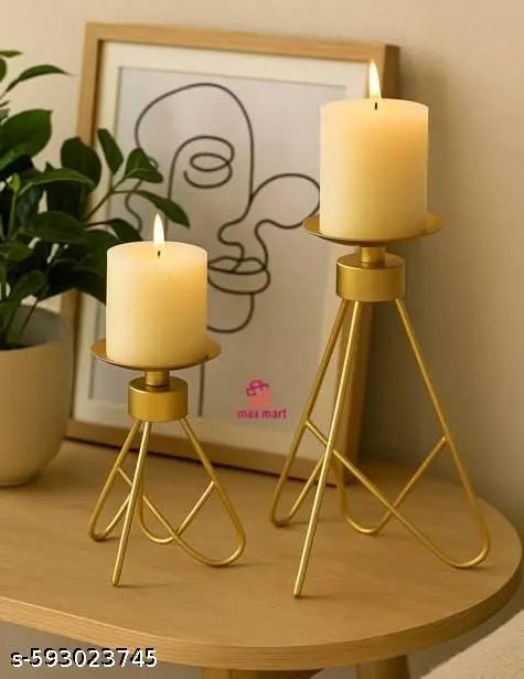 Luxury Gold Metal Candle Holder Set of 2 – Modern Tripod Pillar Candle Stand for Home & Festive Décor