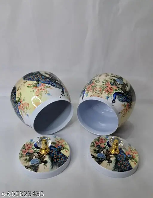 Elegant Peacock Design Tray & Jar
