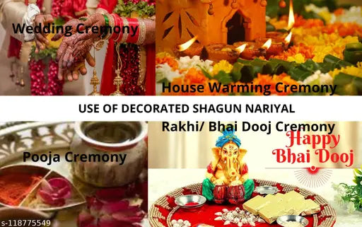 Artonezt Multipurpose Use Lord Ganesha Decorated with Red Stones Wedding Coconut Shagun Nariyal with Stand Rituals, Pooja, Gift & Festive Celebration