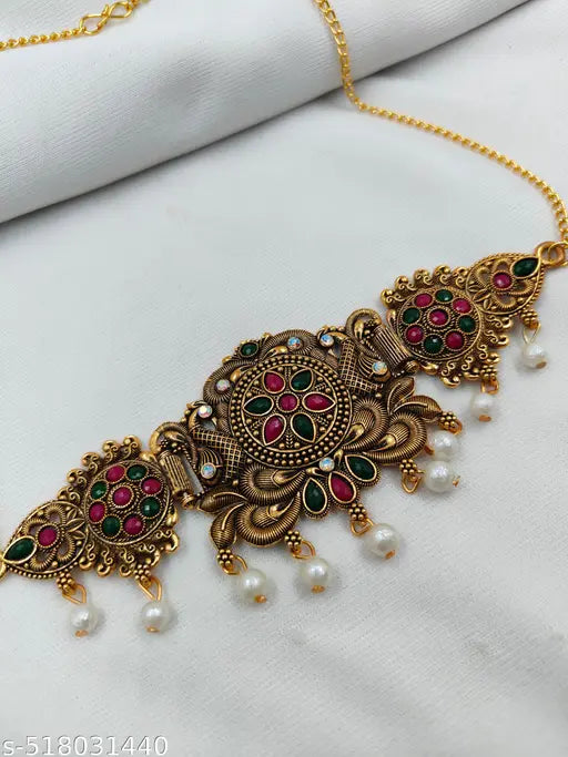 Latest Stylish Design Fancy Pearl Choker Traditional Temple Necklace Jewellery Set for Women