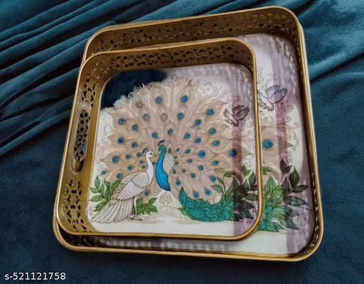 Handcrafted metal Trays || set of 2 || Serving Trays || pecock couple, loving gifting, dining || Elite Trays, new article, exclusive handicrafts, metal trays