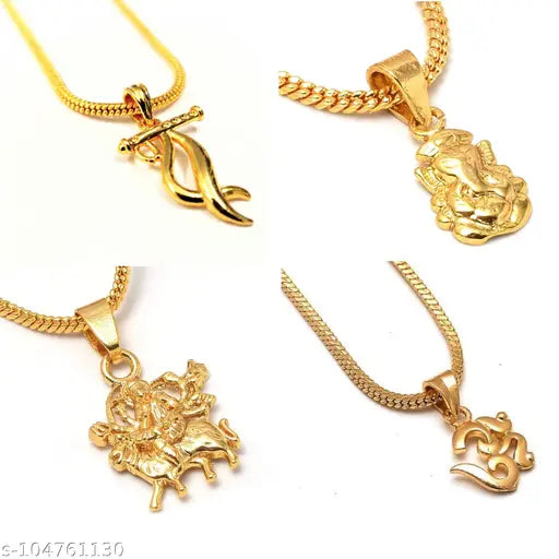 Combo of 4 Pendant Locket with 1 Gold Plated Chain - (Durga Mata, Radha krishna Fluet, Ganpati ji, Om Shiv Locket) For Girls Women Boys Men