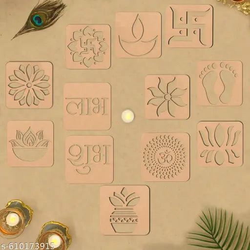 WallArts Diwali Rangoli Stencil Designs Set of 12 Pieces 4x4 Inch, MDF Rangoli Making Tools for Home Floor Decor, Navratri Festival Decoration, (SM63)