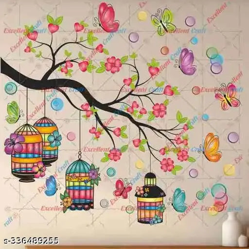 Delight Art Colorful Branches With Cages and Leaf, Flower, Butterfly Design Wall Sticker Size - ( 70*76 ) cm