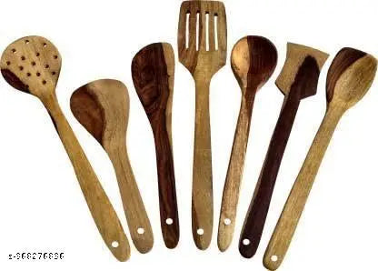 The City Shoppee Bright and Beautiful, Handmade Natural Wood Sheesham Without Polish in White Wooden Serving & Cooking Spoon's & Kitchen Tools (Set of 7)