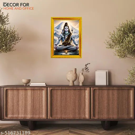 Uday Galleries Lord Shiv Ji 8x6 Inch Wall Painting Framed for Home Decor and Pooja Room | Siva Parvati Parivar Lord Shiva Photo Frame | Bholenath Parivar Wooden Photo Frame