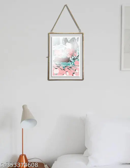 IAC Crafteriaaa Vintage Glass Hanging Photo Frame For Wall Decor (8x6 inch) | Transparent Glass and Brass Metal Hanging Pressed Flower Photo Frame For Wall