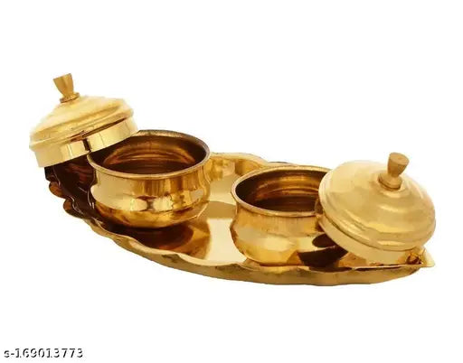 Brass Kankavati Brass Haldi Kumkum dabbi with lid and Attached with Thali Brass Kankavati for puja