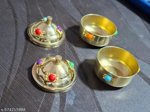 Decorative multipurpose pure Brass pital Kumkum chandan haldi Sindoor Boxes, Traditional Roli Chawal Puja item Container, dibbi,dabbi with cap,Set of 2, Gold