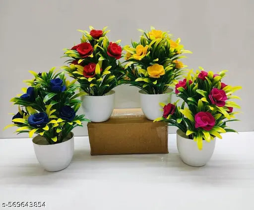 A4U Stylish Wild Natural Looking Perfect Home Decoration Office Deco Temple Deco Indoor Deco Flowers  Multi Color Wild Flower Artificial Flower with Pot (14 cm, Pack of 4, Flower with Basket )