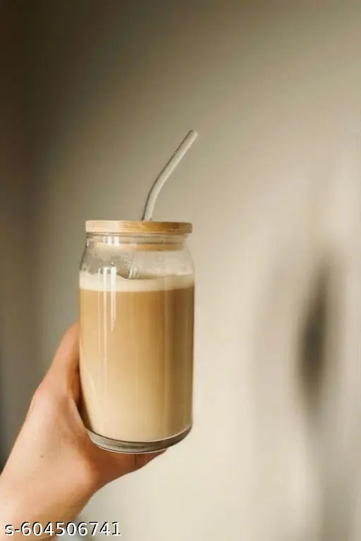 Ice Coffee Sipper Drinks Glass Can Mug with Straw for Milk/Coffee/Green Tea Cup Set of 1 -540ml Transparent Shape Cup (Pack of 1)
