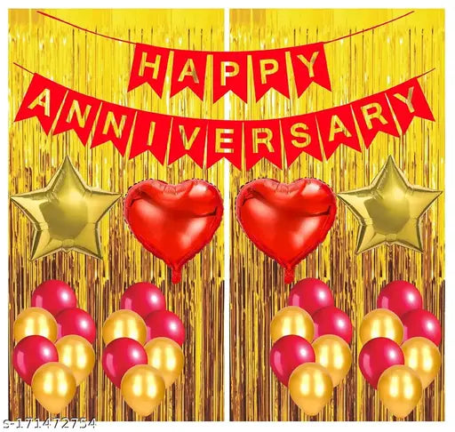 PARTY GLITERS 24 Pcs Red Golden balloon Wedding Anniversary Decoration Combo for Home/Room, Red Heart, Golden Star & Metallic Balloons Banner Curtains for Wife Husband Adults Couple Parents