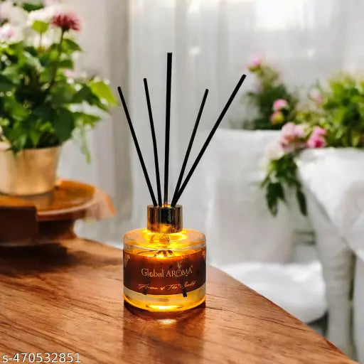 Global Aroma Reed Diffuser Set Aqua Fragrance 120ML Glass Bottle, Indian Art, Home Decor, Aromatic Diffuser, Gift Set With 5 Black Fiber Sticks