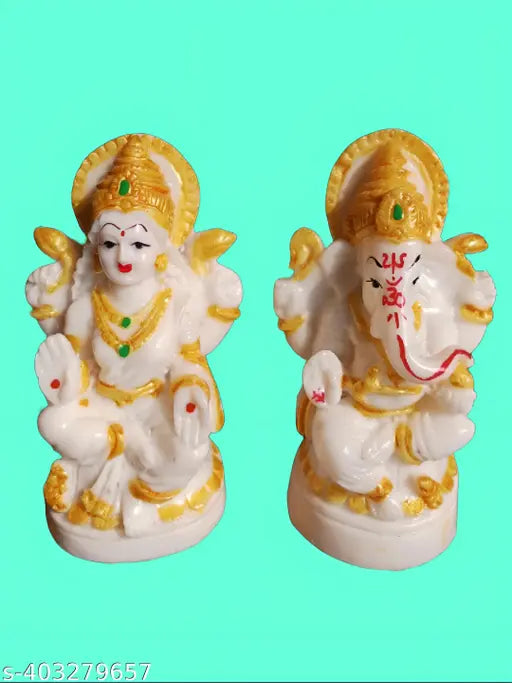 MARBLE FINISH LORD LAXMI GANESH MURTI IDOL /STATUE FOR DECOR POOJA ROOM CAR DASH BOARD TABLE/ GOLDEN COLOUR - (4INCH SIZE) DIWALI GIFT
