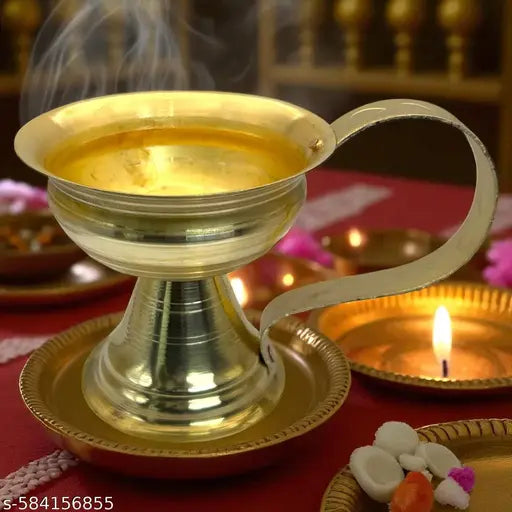 Pure Brass Puja Dhunuchi with Brass Handle | Rust-Proof Dhoop Lobhan Dani | Copper Joint Traditional Diya for Home Temple & Aarti(Pack Of 1)