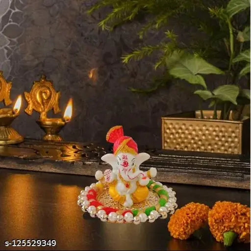 LORD GANESHA IDOL ON DECORATIVE HANDCRAFTED PLATE FOR HOME AND CAR Showpiece Resin Ganesha Idol 8 x 8 cms Plate decorated with  Idols & Figurines