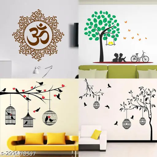 Wallbook Set Of 4 Combo Wall Stickers Designer Om|free bird case Black|Kids under tree|LoveBirds & Hearts