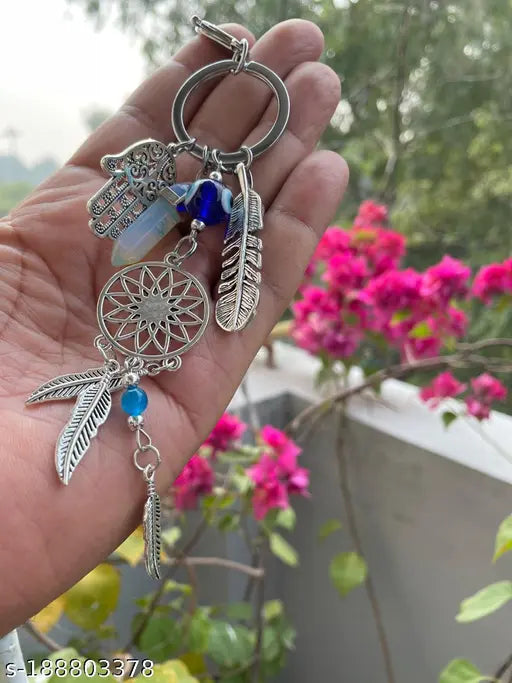 Annie New Trending Blue Evil Eye Lucky Hamsa Leaf with Dream catcher Car Hanging Key Chain Key Ring