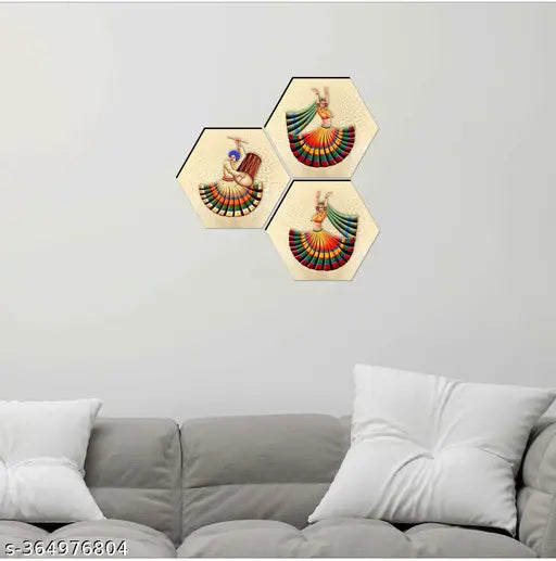 Meera Art & Craft Set of 3 Rajasthani Dance Modern art self adeshive Hexagon Home decorative gift item wall painting for living room , office , hotel MDF framed painting 17 inch X 17 inch(pack of 3 )