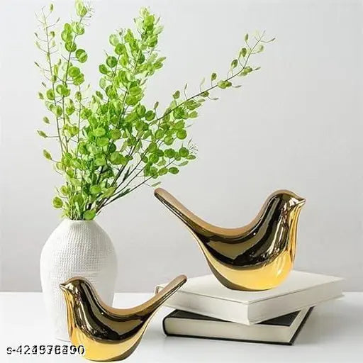 Mystical Midnight: Ceramic Sparrow Fantasy Sculpture For Home Decore(Set Of Two) (Golden), 38 Centimeters