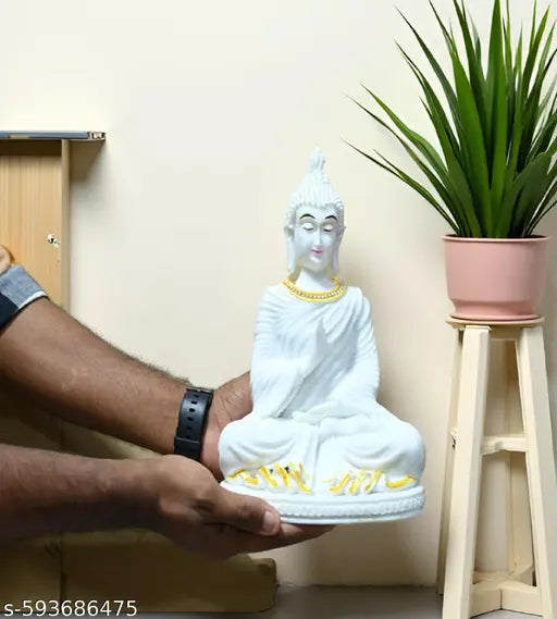 Sigaram 10 Inch White Marble Buddha Idol with Stone Neek For Home Decoretive Showpiece K4771