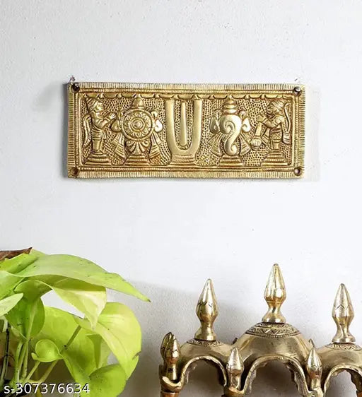 Tirupati shankh chandra tilak metal wall hanging showpiece with hanuman ji and gradu devta and pray with God vishnu that have positive vibes for home and good for vastu and Lord Vishnu Symbol Shankh Chakra Namah Decorative Metal Plate Statue Sculpture for